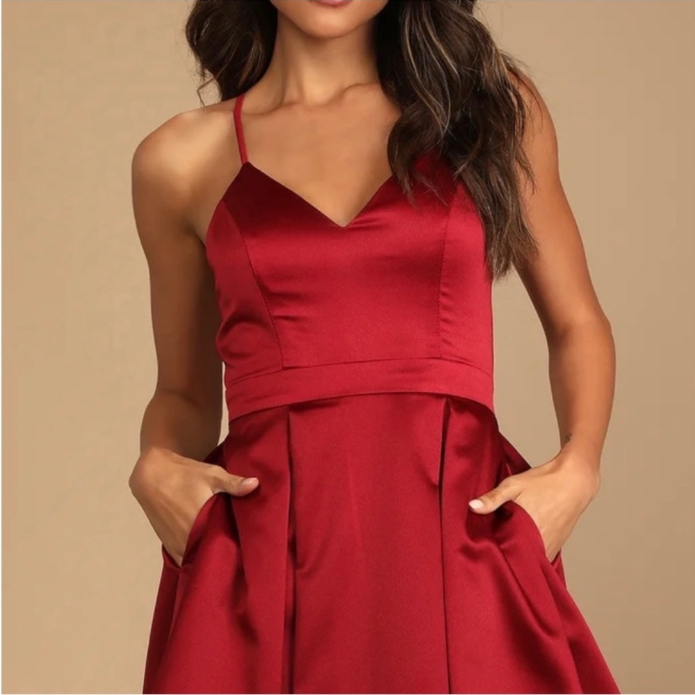 Lulus - Add Some Glam Red Satin Tie-Back Skater Dress with Pockets - Small - NWT